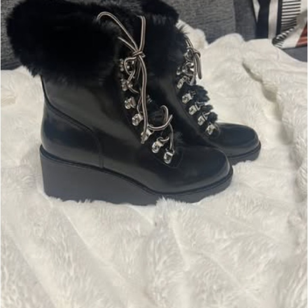 INC International Concepts Black Lace Up Boots with Fur Trim and Chunky Sole